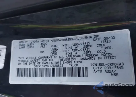 2001 Toyota Tacoma z USA, uszkodzony, nr VIN 5TEVL52N71Z728872